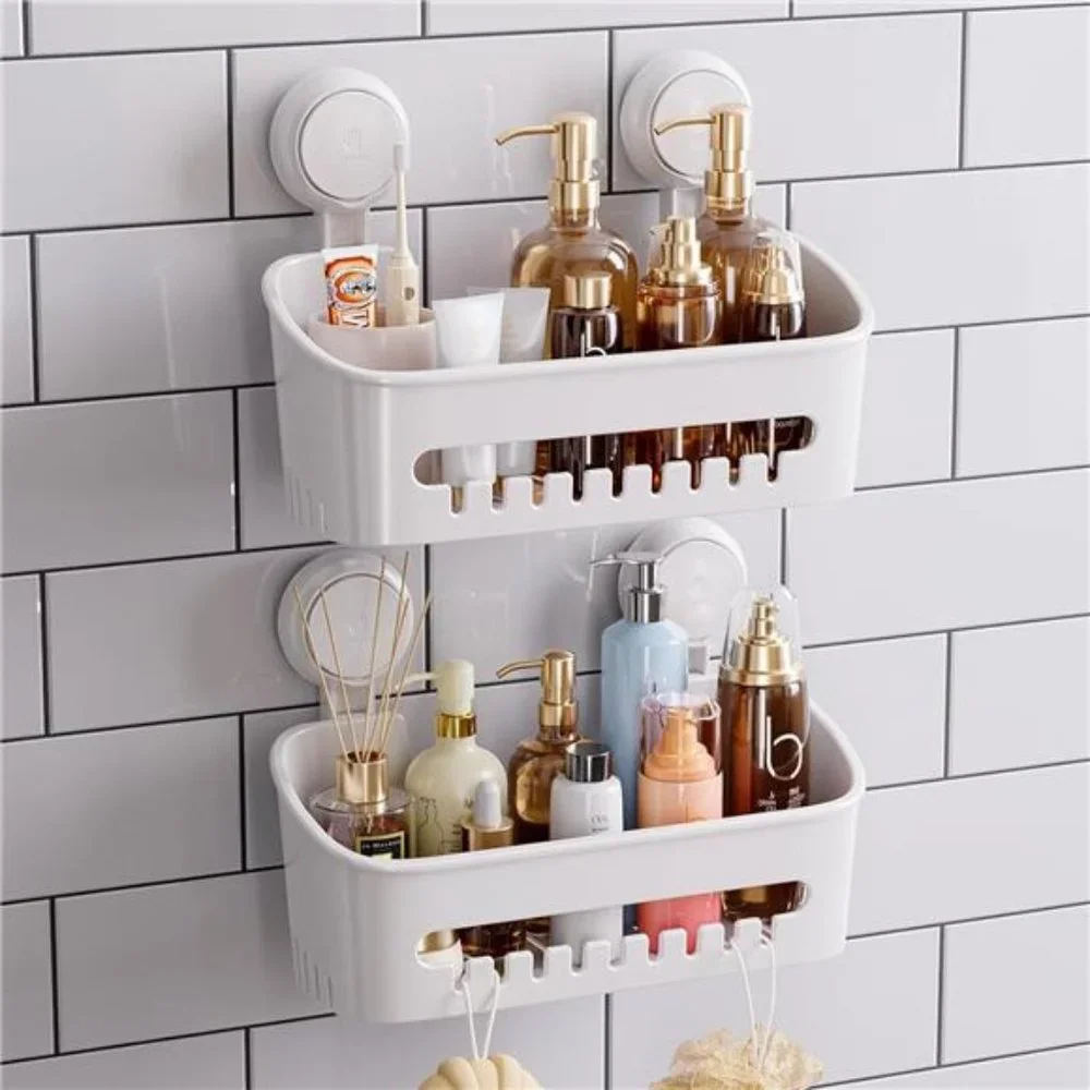 Suction Shower Caddy, Wall Mounted Bath Organizer Shelf, Plastic Shower Rack